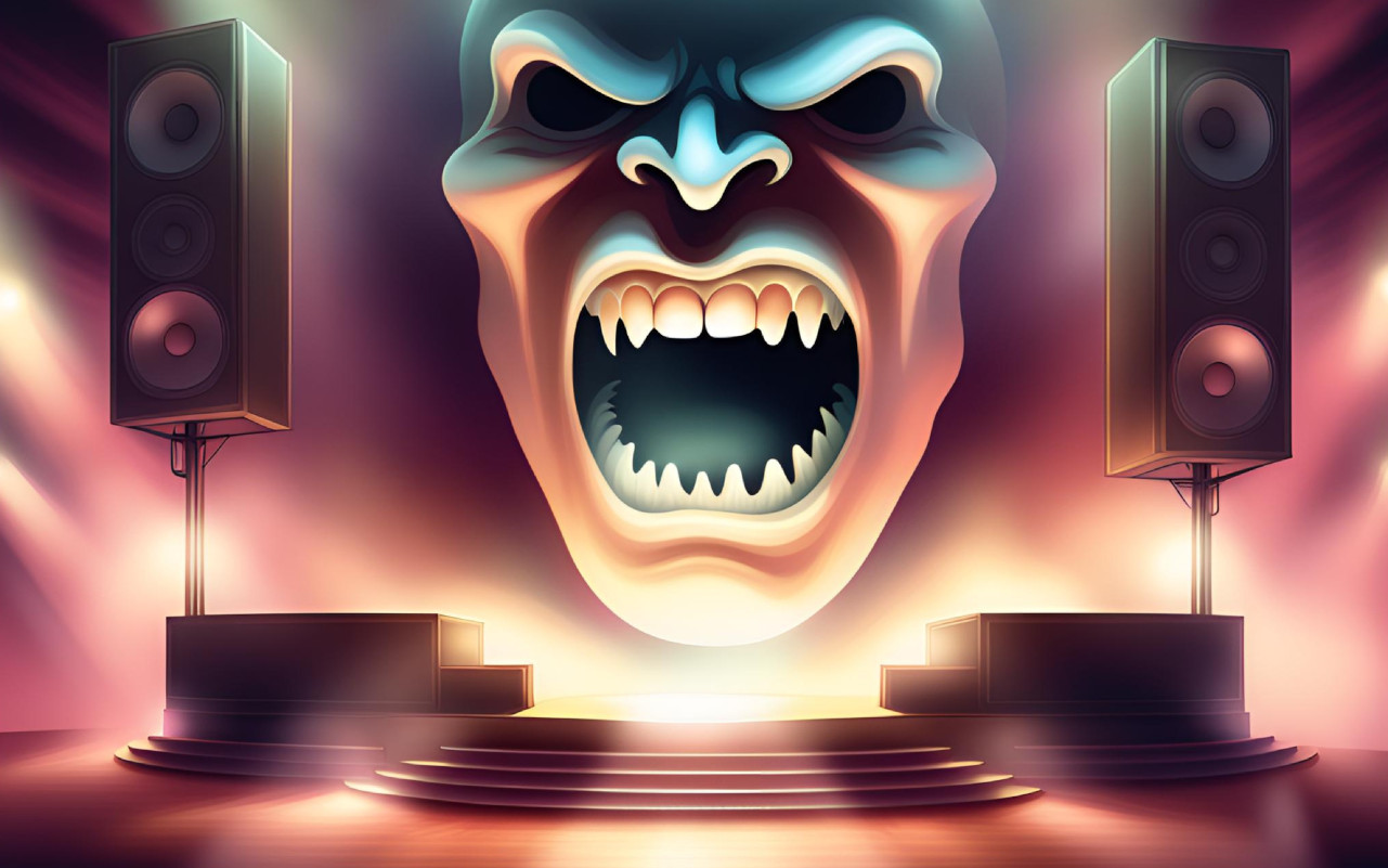 A imagem mostra um palco com uma face ameaçadora retratando o medo de palco